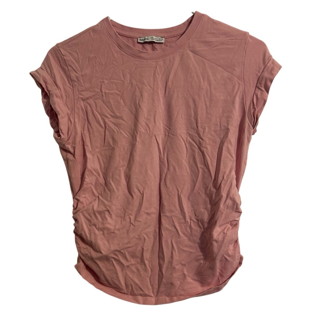Bershka Pink Short Sleeve Crew Neck Ruched Sides Basic Clean Top Shirt